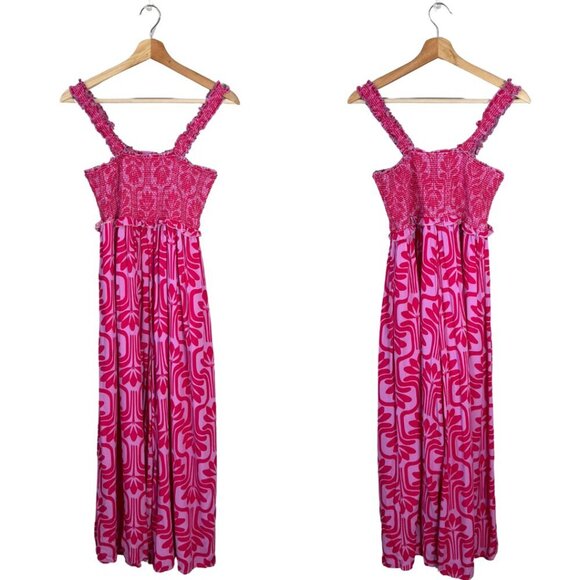Entro Patterned Smocked Wide Leg Jumpsuit Women's Medium Pink Purple Comfy Boho - Picture 3 of 16